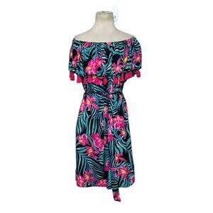 Charlie Paige green pink floral off shoulder fiesta dress size Large